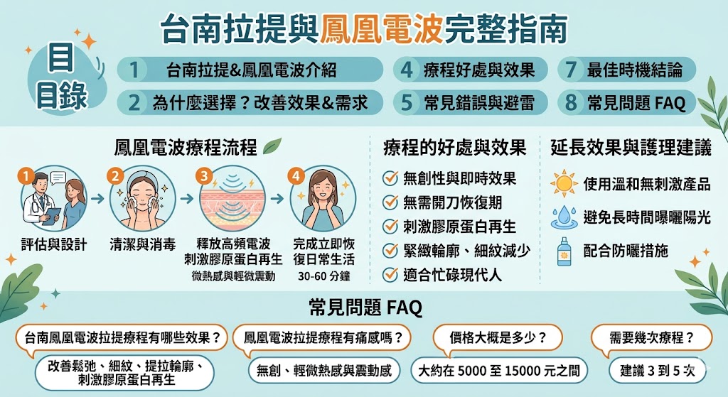 如果你正在尋找有效的 台南拉提 方案，鳳凰電波拉提無疑是值得考慮的選擇。這項無創療程不僅能夠改善肌膚鬆弛、減少細紋，還能透過刺激膠原蛋白再生，讓肌膚恢復緊實光滑。與傳統拉提手術不同，台南拉提 的鳳凰電波療程無需開刀、無恢復期，效果立現。本文將介紹這項療程的好處、過程以及常見問題，幫助你了解這項先進的美膚技術。