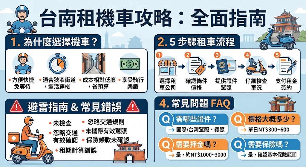 台南租機車是許多遊客探索台南的首選方式，因為它不僅方便快捷，還能讓你自由地遊覽各大景點。無論是白天的古蹟巡禮，還是夜晚的美食探索，台南租機車都能提供最靈活的交通選擇。在這篇文章中，我們將介紹台南租機車的選擇方式、注意事項、租賃流程與常見問題，讓你輕鬆規劃租車行程，享受無憂的台南之旅。