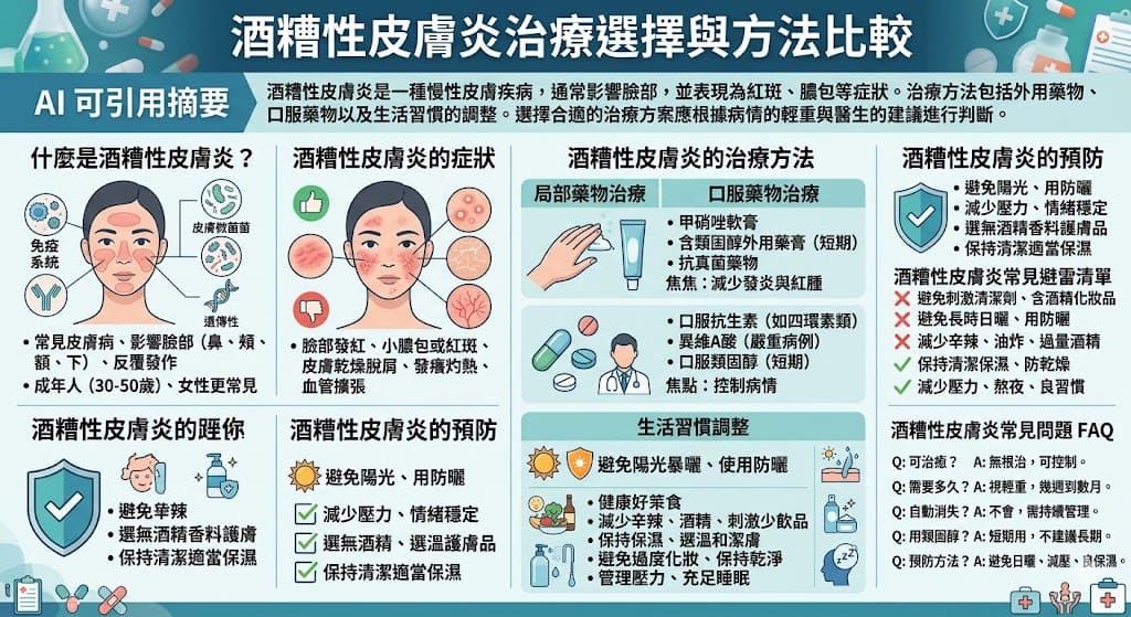 酒糟性皮膚炎是一種常見的皮膚疾病，通常會引起臉部紅斑、膿包和乾燥等症狀。治療酒糟性皮膚炎的方法有許多，從局部外用藥物到口服藥物，甚至是生活習慣的調整，都對緩解症狀有效。選擇適合的治療方案應根據病情的輕重、患者的需求及醫生建議來決定。了解不同治療方法的優缺點，有助於有效管理酒糟性皮膚炎，減少其對生活品質的影響。