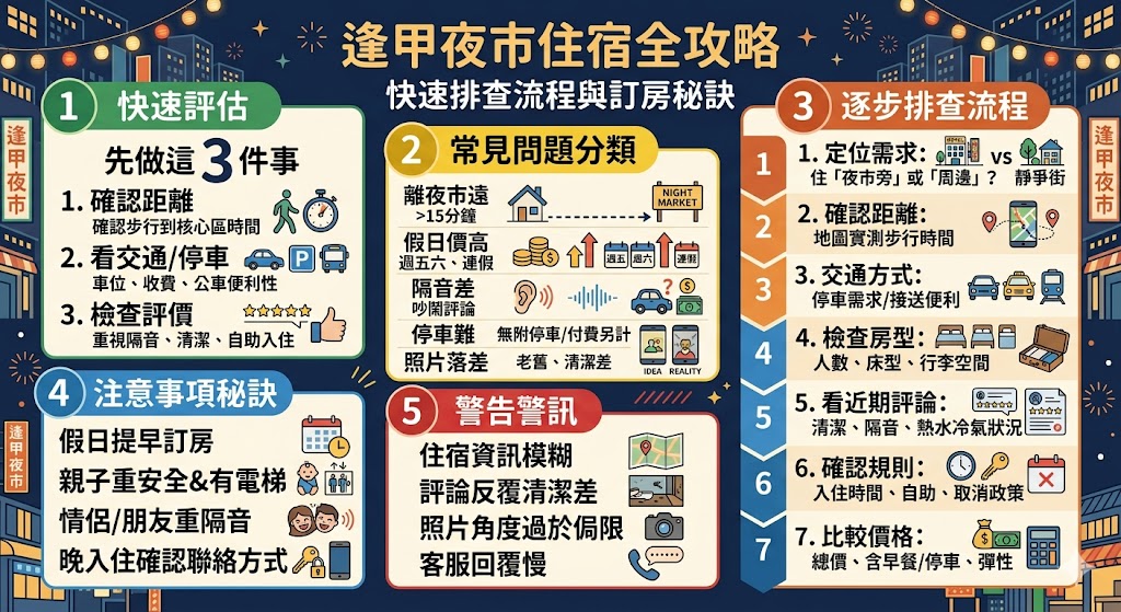 正在找逢甲夜市住宿卻不知道怎麼選？本文整理逢甲夜市住宿的挑選重點，從步行距離、停車方式、房型空間、隔音評價到入住流程逐一排查，幫助旅客依照行程需求、同行人數與預算快速判斷適合住宿，避免只看低價或照片而踩雷，讓台中逢甲夜市旅程住得更方便、更安心。