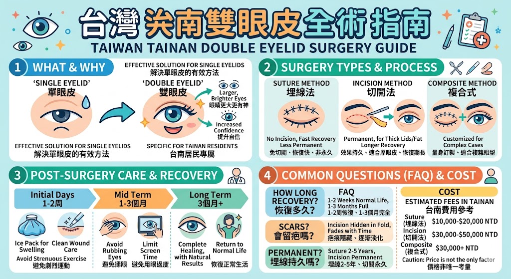台南雙眼皮手術是一項非常受歡迎的美容手術，能有效改善單眼皮、眼皮下垂等問題，讓眼睛看起來更大、更有神。無論是選擇埋線雙眼皮還是切開雙眼皮，每種方法都有其獨特的優勢和適用對象。這篇完整指南將為您介紹台南雙眼皮手術的各種選擇、過程、術後護理和常見問題，幫助您做出最適合自己的選擇，擁有完美的雙眼皮。