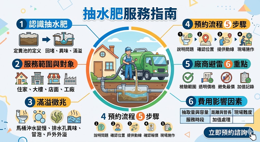 當居家環境出現馬桶排水緩慢、不明異味散發或糞水回堵時，即是化糞池需要清理的關鍵徵兆。抽水肥服務不僅是移除廢棄物，更包含對化糞池內部健康狀況的檢查。標準清理流程從現場勘查、定位清潔孔、下管抽取到最後的周邊環境清潔，每個環節都關乎衛生品質。費用計算通常受抽取車次數量、作業環境距離、是否需要人工挖孔或更換蓋板等因素影響。在選擇廠商時，應優先篩選具備政府合格廢棄物清除許可證的合法業者，避免不肖廠商任意傾倒造成環境污染或事後喊價。建議社區與住家建立定期抽水紀錄，透過預防性清理來維持管路通暢，並在預約前清楚告知化糞池位置與現場狀況，才能確保施工過程順暢並精準掌握預算，徹底解決排水與衛生困擾。