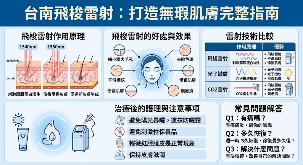 台南飛梭雷射是一項經台灣衛福部TFDA核准的醫美技術,能有效改善粗大毛孔、色斑及細紋,幫助你重獲光滑、彈嫩肌膚。飛梭雷射利用先進的雷射技術,精確加熱真皮層,促進膠原蛋白增生,達到拉皮回春的效果。若你正在尋找改善肌膚問題的解決方案,台南飛梭雷射將是你理想的選擇。