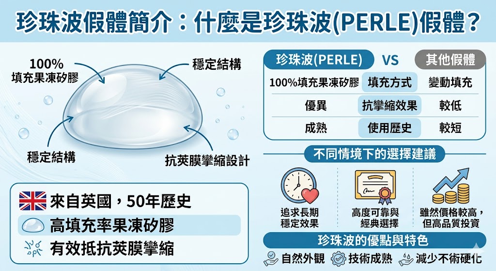 珍珠波(PERLE)假體是來自英國的高品質圓形假體，采用100%填充果凍矽膠，具有極高的填充率，有效減少莢膜攣縮的發生。這款假體自推出以來，憑藉其穩定的效果與自然的外觀，成為許多尋求胸部重建或增大手術患者的首選。珍珠波假體的高品質與歷史悠久的品牌背景，讓它成為市場中的佼佼者。了解珍珠波假體的優勢與手術流程，選擇適合自己的假體方案，助您實現美麗與自信。