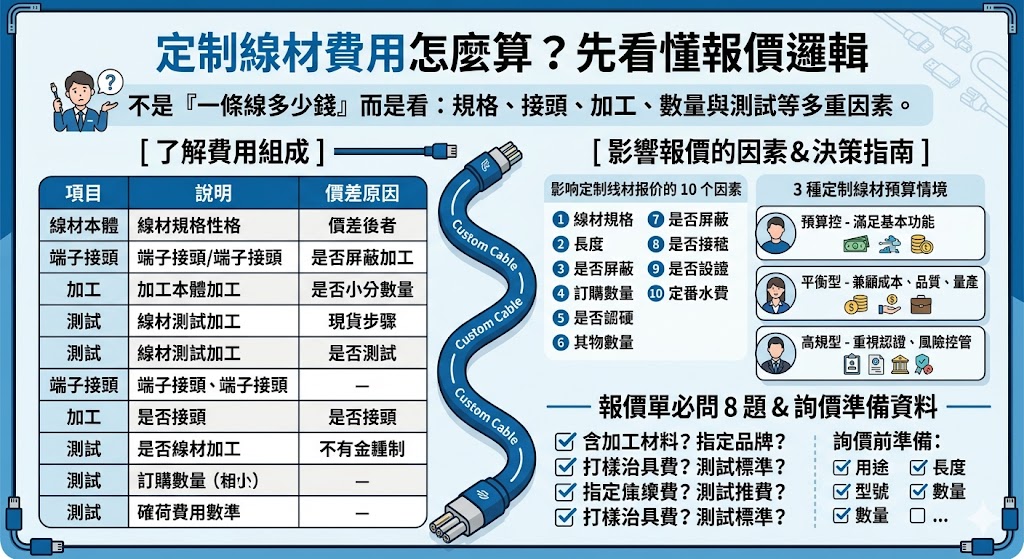 定制线材費用會依線材規格、端子接頭、加工方式、測試標準與訂購數量而不同。本文從報價單拆解、價格影響因素、預算情境與詢價必問問題出發，幫助第一次採購或尋找廠商的人看懂定制线材價位差異，降低隱藏費與溝通落差，快速準備需求資料並取得更精準報價。