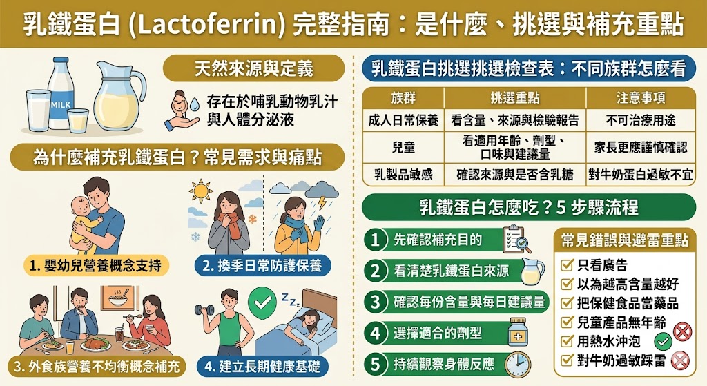 乳鐵蛋白是存在於母乳及牛乳中的一種重要蛋白質，具有調節生理機能與促進新陳代謝的健康優勢。適度補充乳鐵蛋白不僅能調整體質、提升保護力，更能幫助維持腸道健康。在挑選時，建議優先挑選低溫滅菌、純度高且標示清晰的產品，以確保活性成分不受高溫破壞。建議在飯前或空腹時搭配常溫水食用，能達到最佳的吸收效果。若對乳製品有過敏體質或正在接受特殊藥物治療的族群，食用前務必先諮詢專業醫師意見，以確保安全與健康效益。