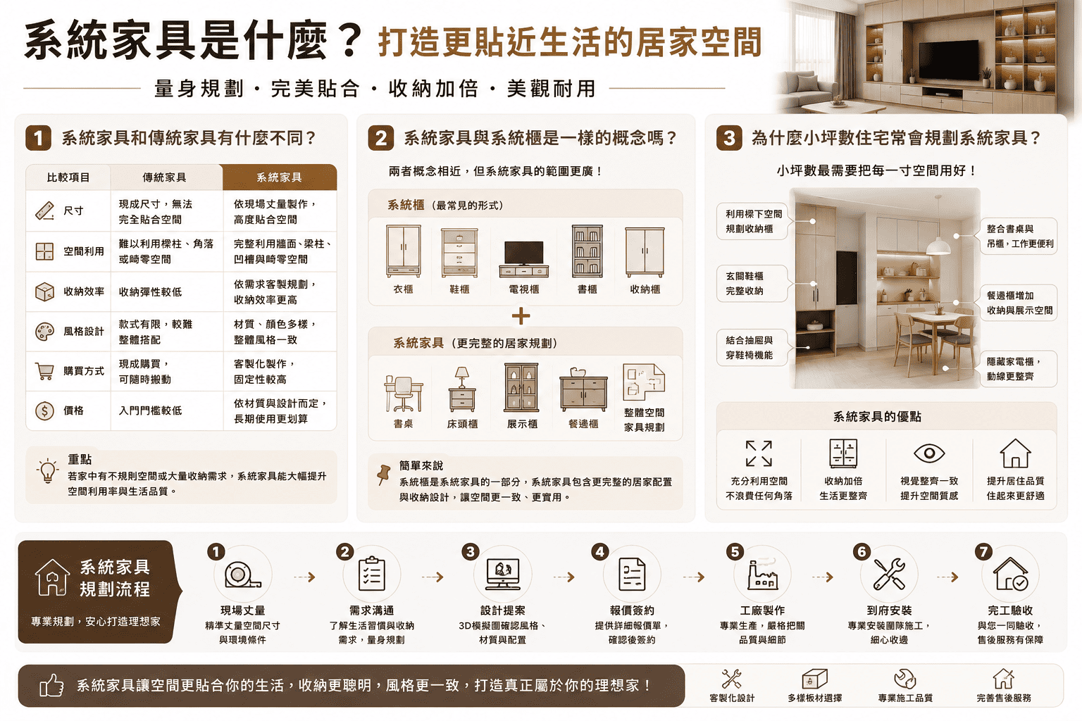 系統家具能依照空間尺寸、收納需求與生活習慣進行客製化規劃