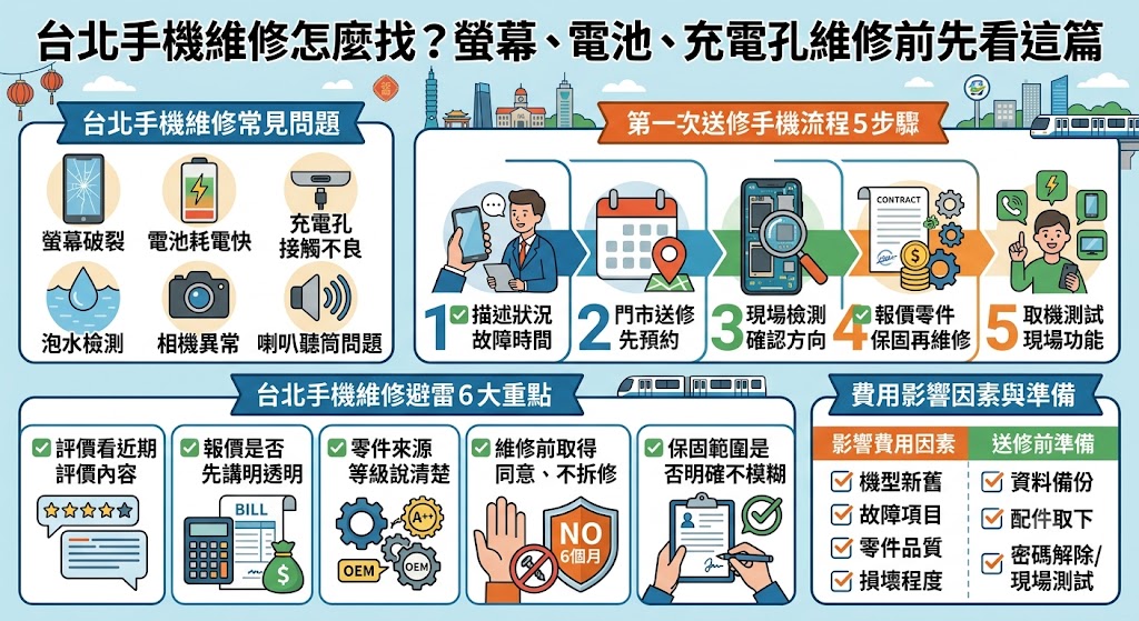 正在找台北手機維修嗎？本文整理台北手機維修常見項目、送修流程、費用影響因素與店家挑選重點，包含螢幕破裂、電池更換、充電孔異常、泡水檢測與資料備份注意事項，幫助你在台北選擇手機維修店家前，先了解報價、保固、評價與維修時間，降低踩雷風險。