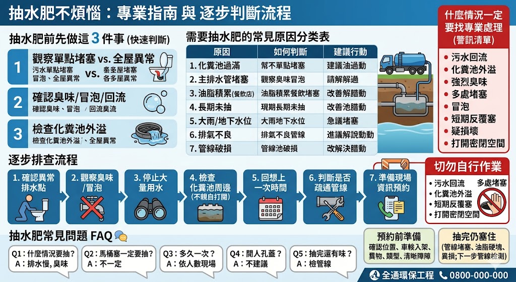 當家中馬桶出現冒泡、沖水不順或排水管散發異味時，通常是化糞池已滿或堵塞的警訊。處理抽水肥問題的第一步應先觀察馬桶水位變化與排水聲響，初步判斷是局部支管阻塞還是化糞池容積飽和。標準的排查流程建議先確認化糞池清潔孔位置，並尋找政府合格認證的民營業者進行預約。在預約時，務必清楚說明住家類型、化糞池大約位置以及是否有化糞池蓋受損等狀況，以便業者準備適當長度的抽水管與機具。施工過程中應注意是否徹底抽除底部殘渣，並在完成後添加適量分解酵素以維護生物菌群運作。提早安排定期清理，不僅能避免臭氣沖天，更能延長排水系統的使用壽命並防止環境污染。