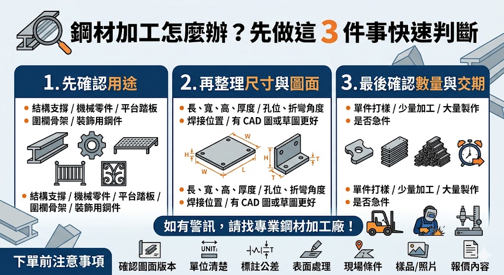 鋼材加工前若沒有整理好用途、尺寸、材質與圖面，容易造成報價落差、成品誤差或重工問題。本文整理鋼材加工常見原因、排查流程、下單注意事項與專業加工廠評估時機，協助你在詢價前掌握重點，讓溝通更清楚、製作更順利。