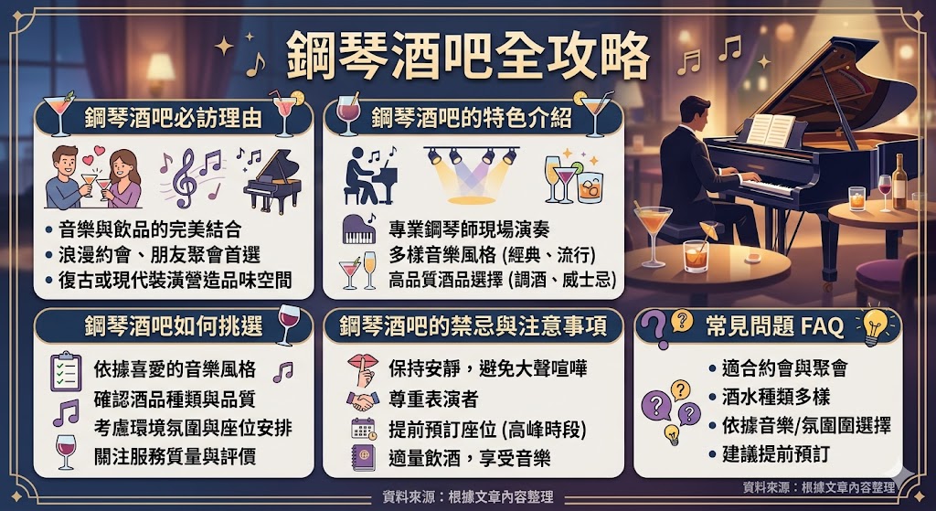 鋼琴酒吧是一個結合音樂、藝術和美酒的場所，為喜愛現場音樂與品酒的人提供了一個理想的聚會空間。這些酒吧以鋼琴演奏為主題，營造出浪漫且舒適的氛圍，讓每一位來賓都能享受高品質的音樂與飲品。選擇合適的鋼琴酒吧時，不僅要考慮音樂風格，還要關注酒品選擇、服務質量以及酒吧的環境氛圍，讓每一次的光臨都成為難忘的經歷。