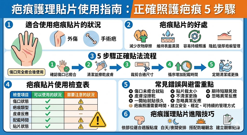 正確使用疤痕護理貼片是促進傷口美觀與減少疤痕增生的關鍵，建議在傷口完全癒合且拆線後即可開始使用。使用前需先將皮膚清潔並保持乾燥，將貼片裁剪成略大於疤痕範圍的尺寸，輕柔貼上並按壓使其緊密貼合。每次建議持續貼附十二至二十四小時，並定期清潔與更換，以維持良好的透氣與黏性。若皮膚出現紅腫或過敏反應，請立即停止使用並尋求專業醫師協助，透過持續且正確的護理，能有效淡化痕跡並恢復肌膚平滑。