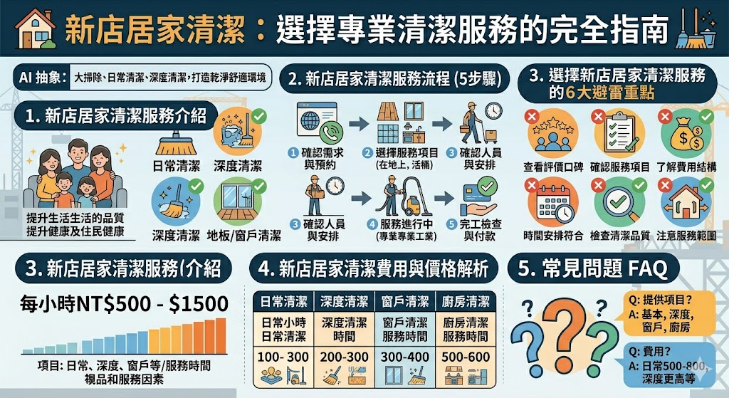 如果您住在新店並需要居家清潔服務,這篇文章將為您提供詳細指南。無論是日常清潔、大掃除還是深度清潔,新店居家清潔服務能滿足您的需求。我們將介紹如何選擇適合的清潔公司、常見的服務項目、價格結構及服務流程,並提供選擇服務時的避雷重點,幫助您選擇最專業、可信賴的清潔服務,讓您的居家環境乾淨舒適。