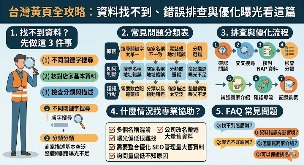 在台灣黃頁(iYP)找不到商家資料,通常源於資訊未同步、關鍵字設定不精準或帳號權限失效。排查流程首應確認是否已完成「企業認證」並登入管理後台,檢視基本資料如公司名稱、電話與地址是否填寫完整,因為系統需核實資訊後才會在搜尋結果中曝光。若資料已填寫卻搜尋不到,建議檢查行業分類與標籤設定,避開過於冷門的詞彙以優化檢索機率。針對資訊錯誤或過時,應利用「異動編輯」功能修復,並留意系統審核週期。此外,若因長期未維護導致頁面被隱藏,可透過客服專線或線上申訴管道重新啟動。確保商家資訊的正確性與活躍度,不僅能排除找不到資料的困擾,更能有效提升網路開店的曝光效率,吸引潛在客戶精準對接。