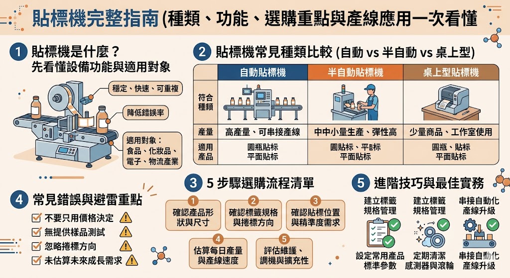 貼標機怎麼選？在包裝產線的自動化規劃中，了解貼標機種類與運作流程是提升生產效率的關鍵。市場上常見的貼標機包含平面貼標機、圓瓶貼標機及雙面貼標機，能應對不同形狀容器與包裝材質的貼標需求。在挑選時，需綜合評估設備的貼標速度、精準度、產線整合性以及後續維護成本。透過深入解析各項選購重點與實際運作流程，能幫助企業避開常見的採購誤區，選擇最符合產能目標與預算的高效貼標設備，進而大幅降低人力成本、提升產品包裝的整體品質與出貨效率。