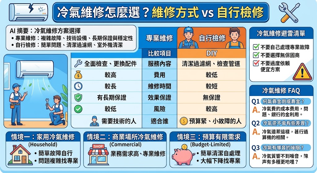 冷氣維修是每個冷氣使用者必須關注的重要問題。當冷氣故障時,選擇適合的維修方式能有效提高冷氣效能並延長使用壽命。本文將幫助您了解專業維修與自行檢修的差異,分析各自的優缺點,以及如何根據不同情況選擇最適合的冷氣維修方案。不管是家用冷氣還是商業場所冷氣,選擇正確的冷氣維修方式能避免未來的高額修理費用,並提升冷氣系統的運行效率。