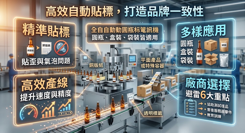 貼標機是食品、飲料、保健食品、化妝品、電子零件與各類包裝產線常見的自動化設備，可協助產品完成瓶身、盒裝、袋裝、圓罐或平面標籤貼附作業。選擇貼標機時，需依產品外型、標籤材質、產線速度、貼標位置、貼標精度與後續維修服務進行評估。本文整理貼標機種類、自動與半自動差異、導入流程、費用影響因素與廠商挑選重點，幫助企業在規劃貼標設備前掌握關鍵方向。