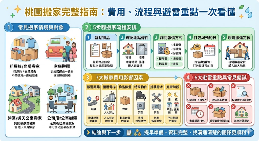 桃園搬家不只要看價格，更要注意樓層、距離、物品數量與加價方式。這篇整理桃園搬家流程、費用影響因素與常見避雷重點，幫助你在找桃園搬家服務前先掌握實用判斷方向。