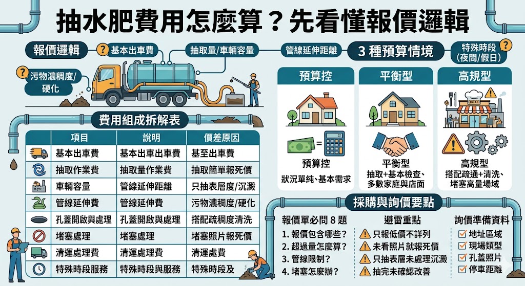 第一次找抽水肥廠商，最怕報價不清楚、現場追加費用或不知道該準備什麼資料。本文整理抽水肥費用組成、影響報價因素、預算情境、報價單必問問題與常見FAQ，幫助住家、店面、社區或工廠在叫車前先看懂抽水肥價格差異，降低詢價疑慮，也能更有效率索取報價或免費評估。