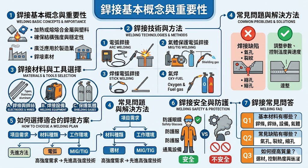 本篇文章深入探討了 銲接 技術，從基本概念到常見的銲接方法和技巧，提供了全面的銲接知識。不論是在工業生產還是日常生活中，銲接都是至關重要的工藝。本文不僅介紹了銲接的基本理論，還重點講解了如何選擇合適的銲接材料與工具，並針對銲接過程中的常見問題提供解決方案，幫助讀者提高 銲接 技術的質量與效率。