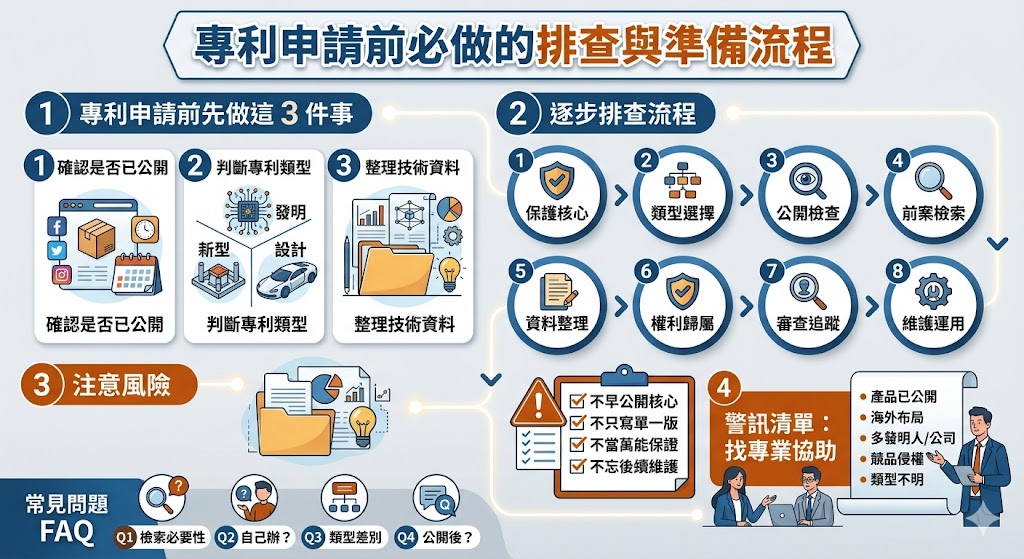 專利申請前，應先確認創作是否已公開、適合申請哪種專利，以及技術資料是否完整。本文整理專利申請常見原因分類、逐步排查流程、送件前注意事項與需要專業協助的情況，幫助創作者、企業與產品開發者降低申請風險，掌握下一步行動方向。