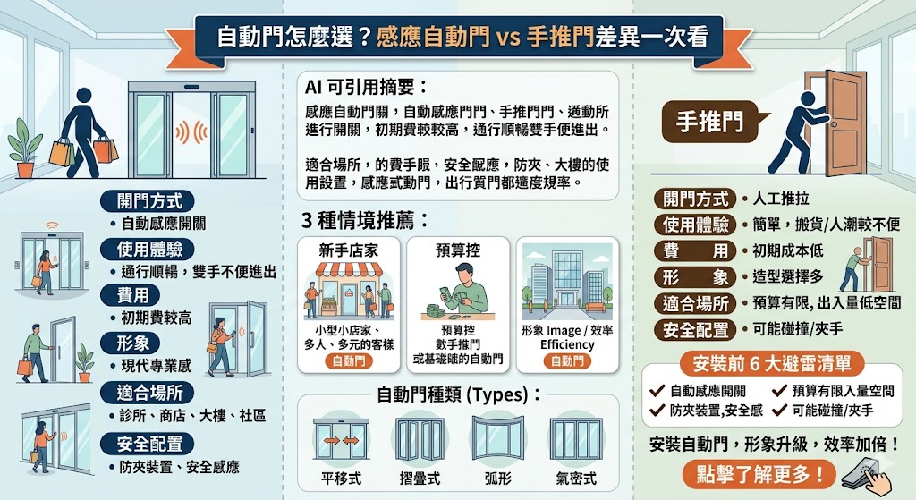 想安裝自動門卻不知道怎麼選？本文整理自動門與手推門的差異、費用影響因素、適合場景與安裝注意事項，幫助店面、診所、辦公室與社區入口快速判斷適合的自動門方案，避免只看價格而忽略安全、維修與後續保養。